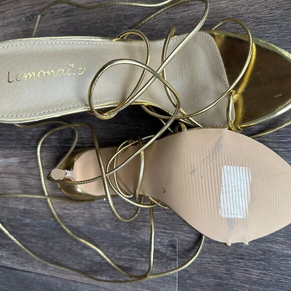 Lemonade Gold Metallic Strappy Lace-Up Sandals - Size 8 - Picture 2 of 3
